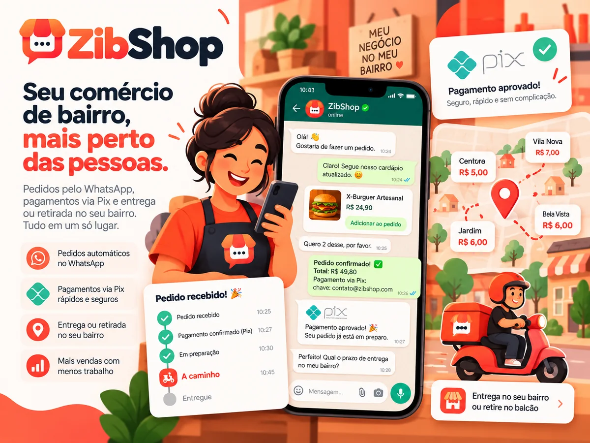Pedidos pelo WhatsApp, Pix e entrega por bairro com ZibShop